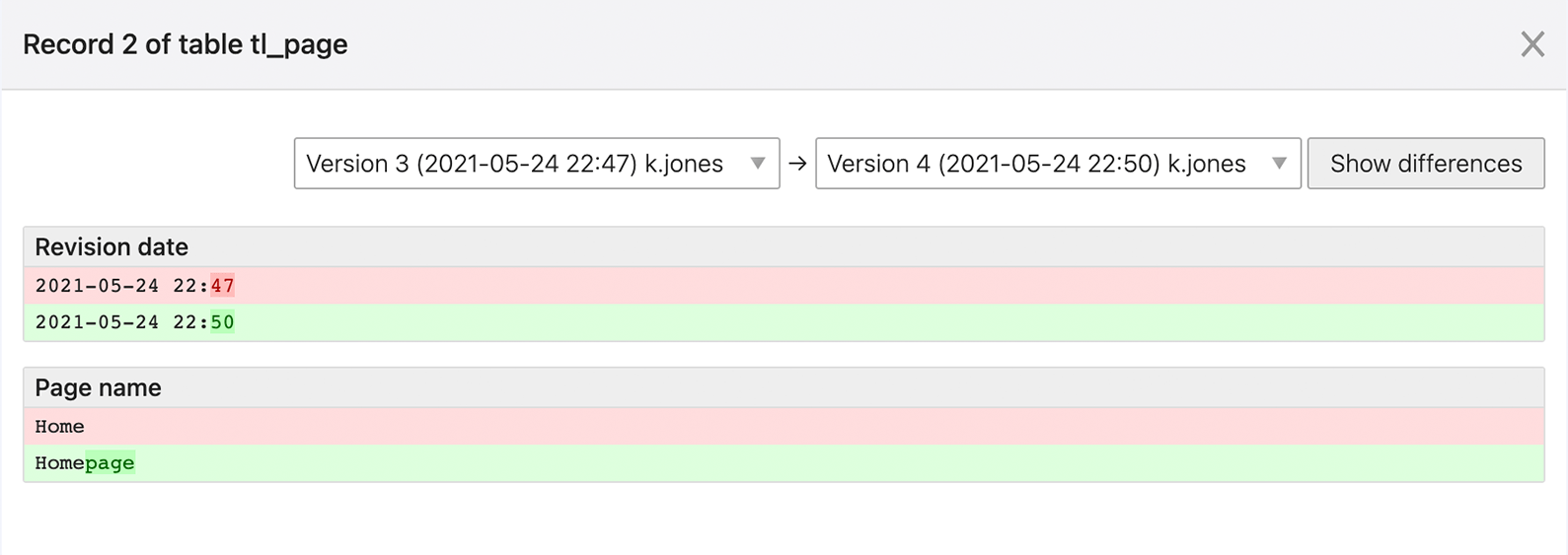 Differences between the selected versions