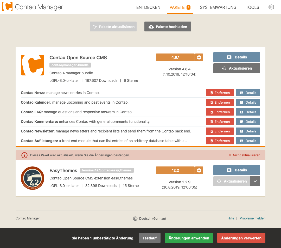 Erweiterungen im Contao Manager aktualisieren