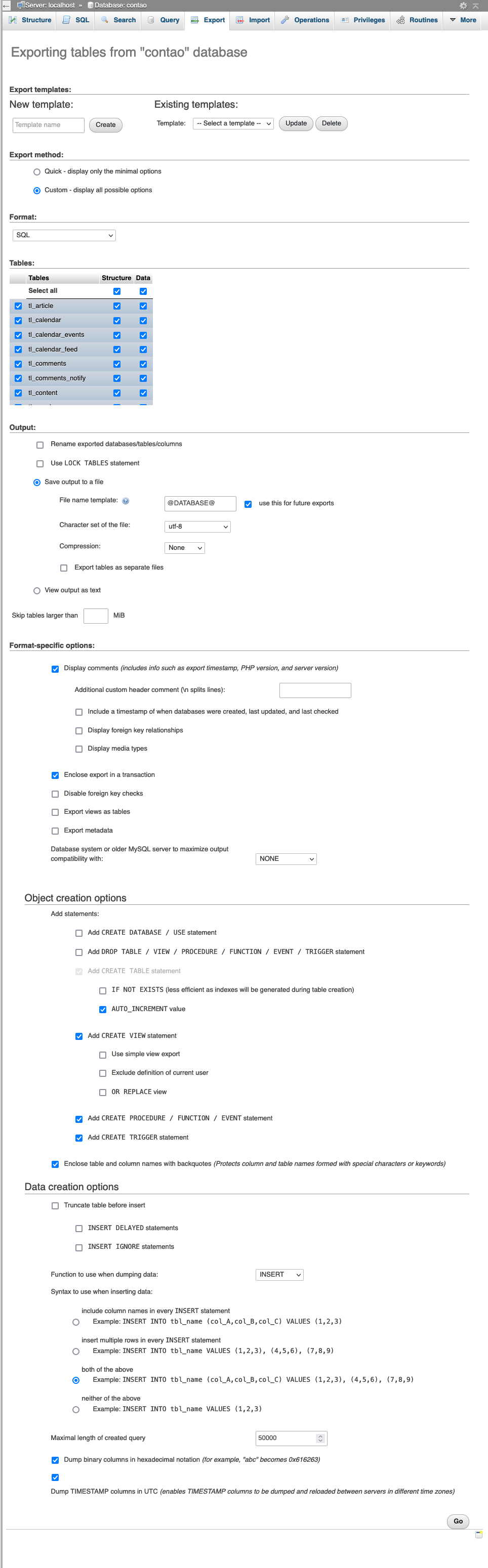 Exporting the database